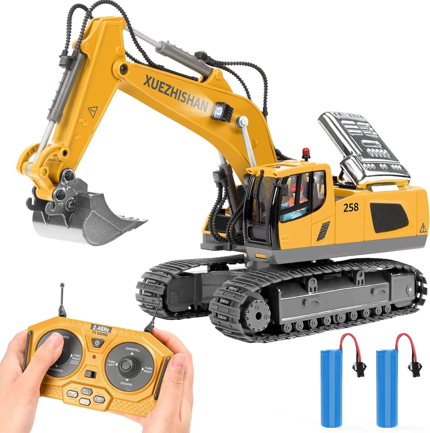 Jouet d'Excavatrice Télécommandée | Excavatrice RC à 680° avec 2 Batteries, Pelle en Métal, Lumières/Sons pour Enfants de 3 à 8 Ans