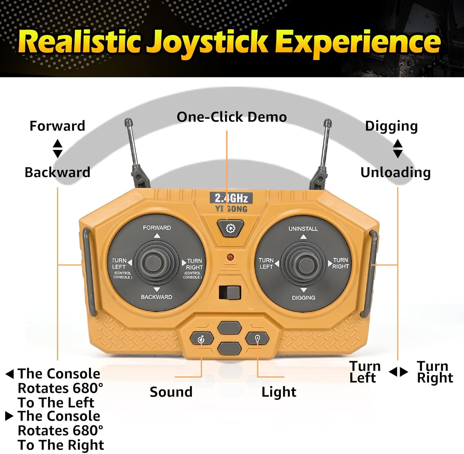 Jouet d'Excavatrice Télécommandée | Excavatrice RC à 680° avec 2 Batteries, Pelle en Métal, Lumières/Sons pour Enfants de 3 à 8 Ans
