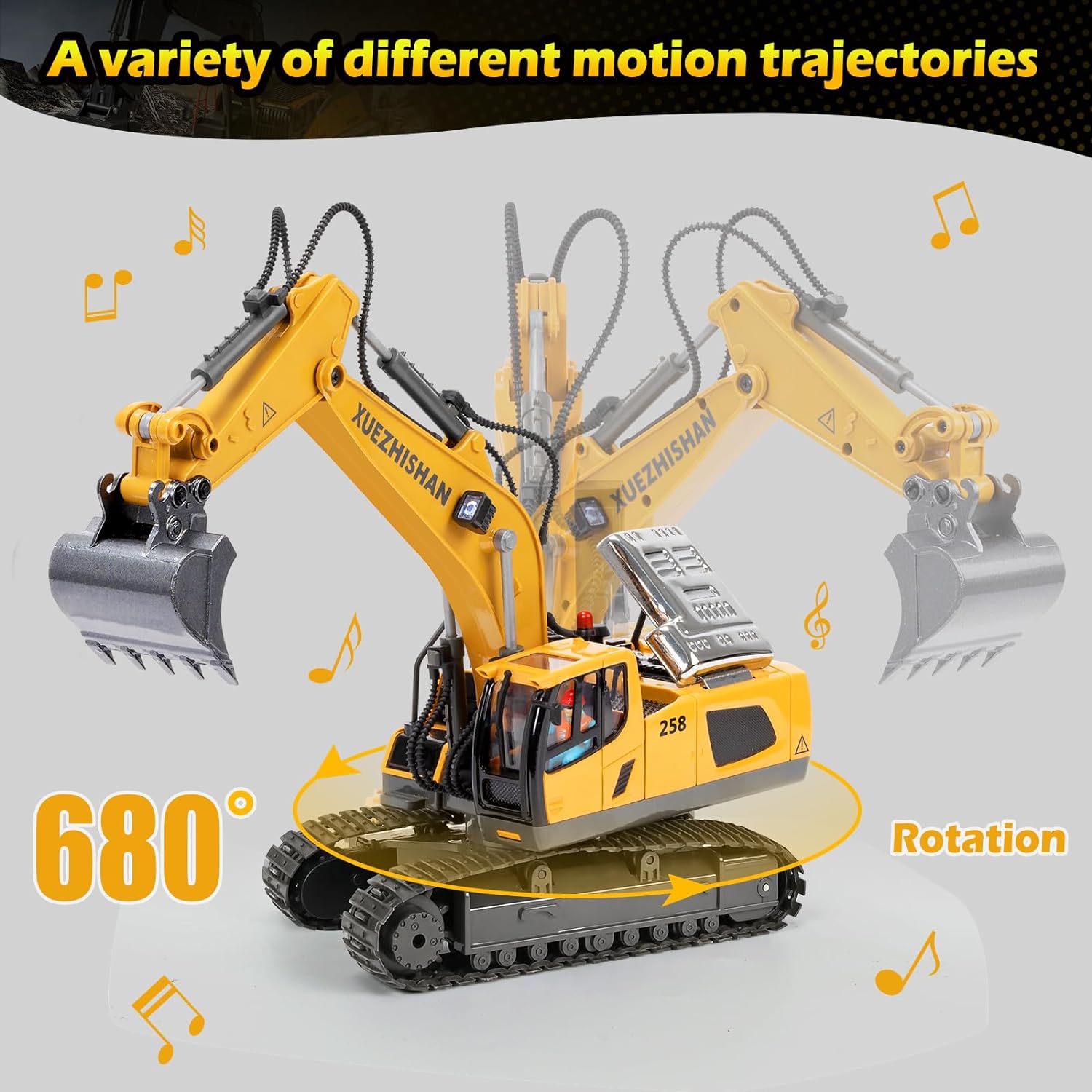 Jouet d'Excavatrice Télécommandée | Excavatrice RC à 680° avec 2 Batteries, Pelle en Métal, Lumières/Sons pour Enfants de 3 à 8 Ans