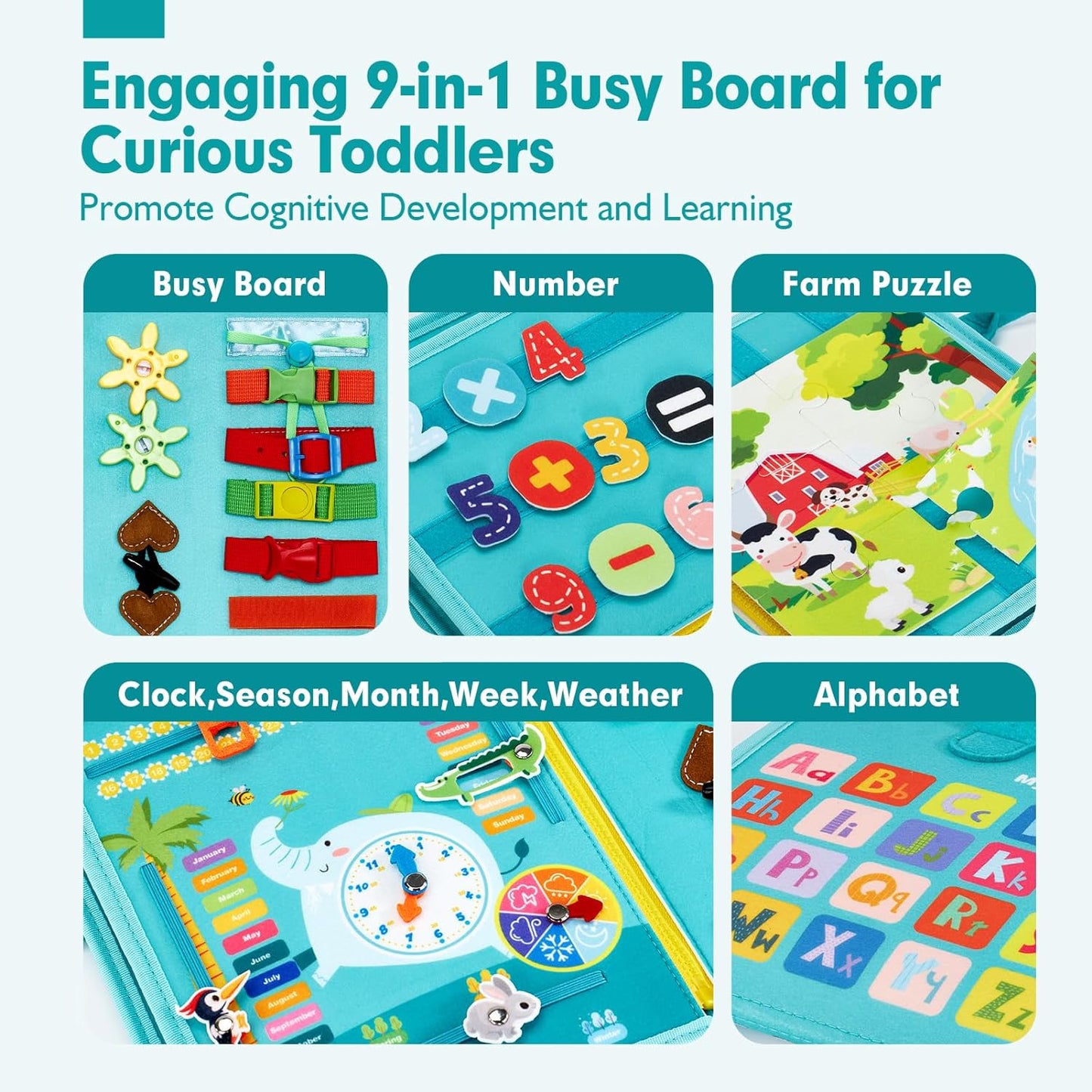 Jouet Éducatif pour la Petite Enfance Busy Board | Lettres, Alphabets, Formes, Couleurs et Animaux, Jouets Montessori pour Tout-Petits de 2, 3, 4 Ans