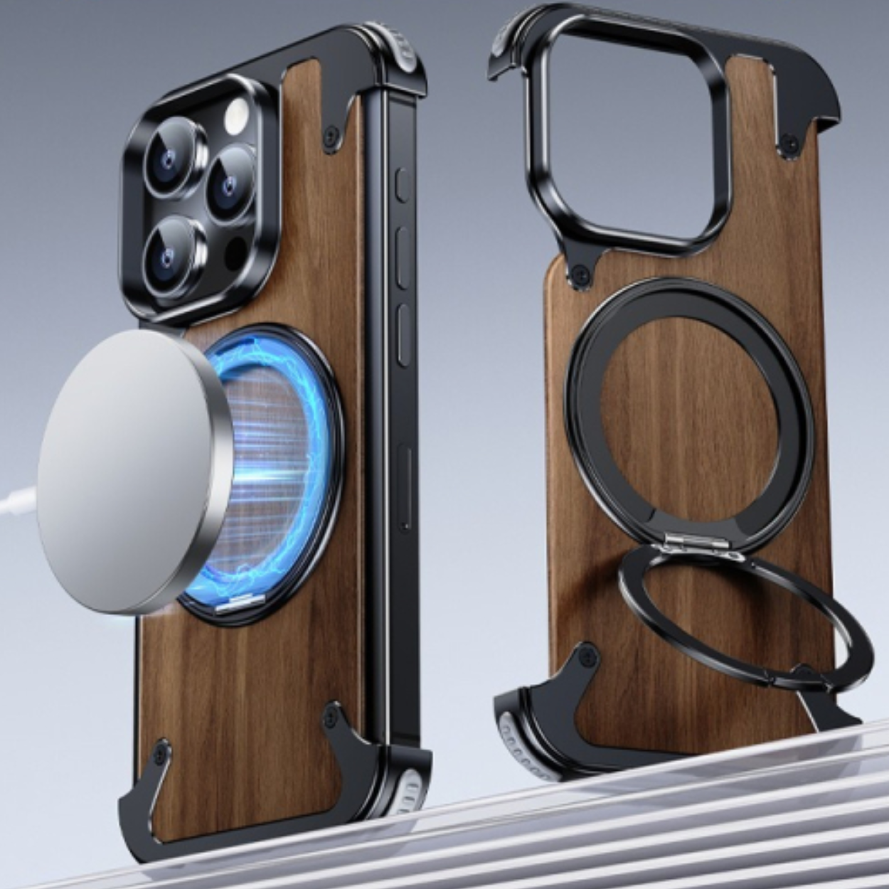 Coque Téléphone Bois Massif Support Rotatif