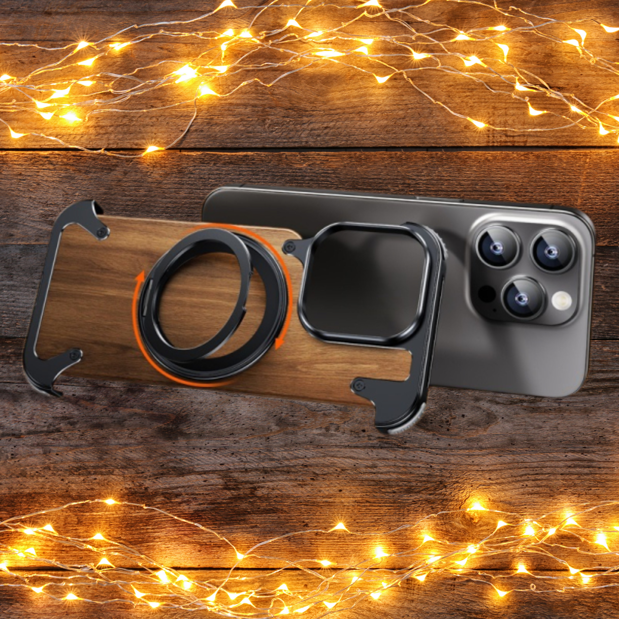 Coque Téléphone Bois Massif Support Rotatif