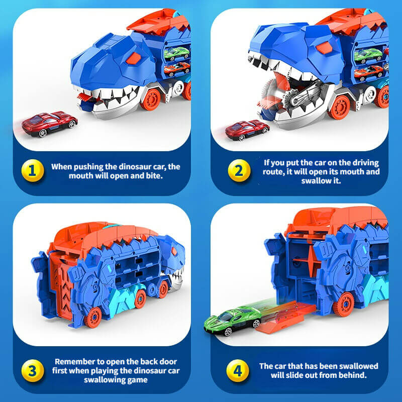 Camion de Transport de Dinosaures avec Circuits de Course | Ensemble de Jeu 3-en-1 pour Enfants | Rangement pour Voitures + Expérience de Jeu Dynamique