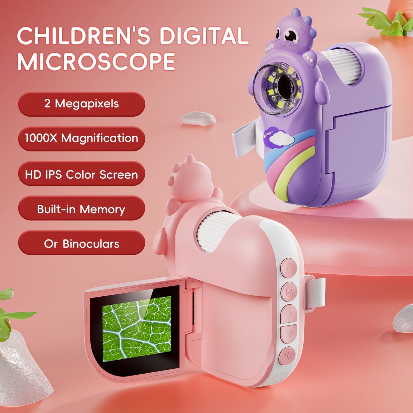 Microscope numérique pour enfants - Grossissement 1000X, caméra 2 MP, écran HD IPS, mémoire intégrée, compatible avec PC, étui en silicone, 8 lumières LED ajustables, portable, pour enfants de 3 à 12 ans, rose