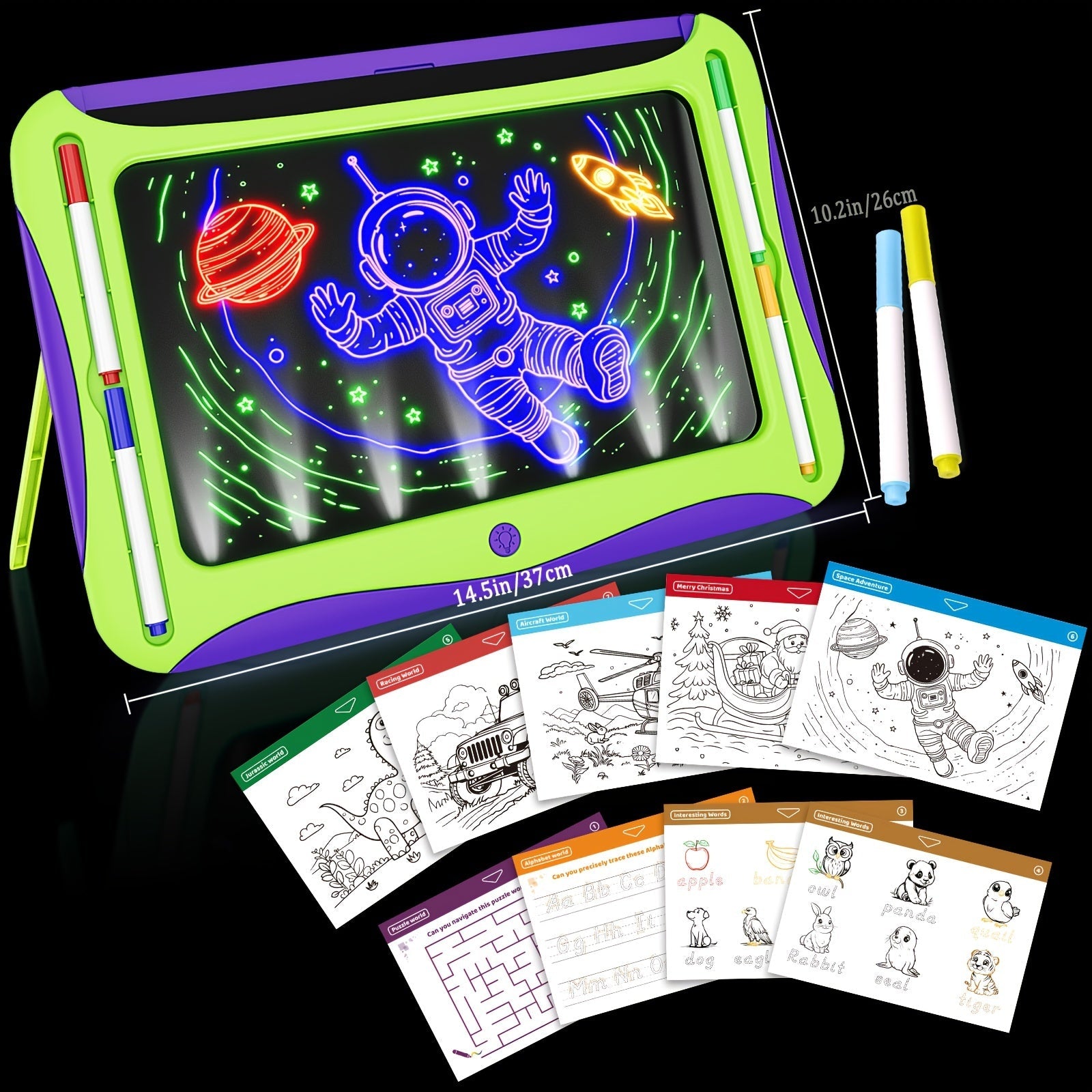 Tablette à Dessin LED pour Enfants 3+ | Planche Lumineuse avec Cartes Double Face et Stylos Lumineux | Jouet Créatif et Éducatif, Cadeau d'Anniversaire ou Noël - Vert et Rouge Rose