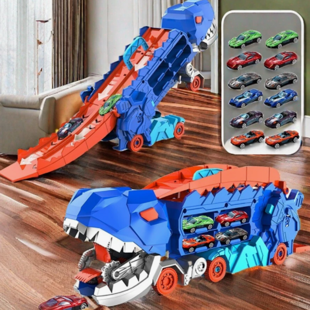 Camion de Transport de Dinosaures avec Circuits de Course | Ensemble de Jeu 3-en-1 pour Enfants | Rangement pour Voitures + Expérience de Jeu Dynamique