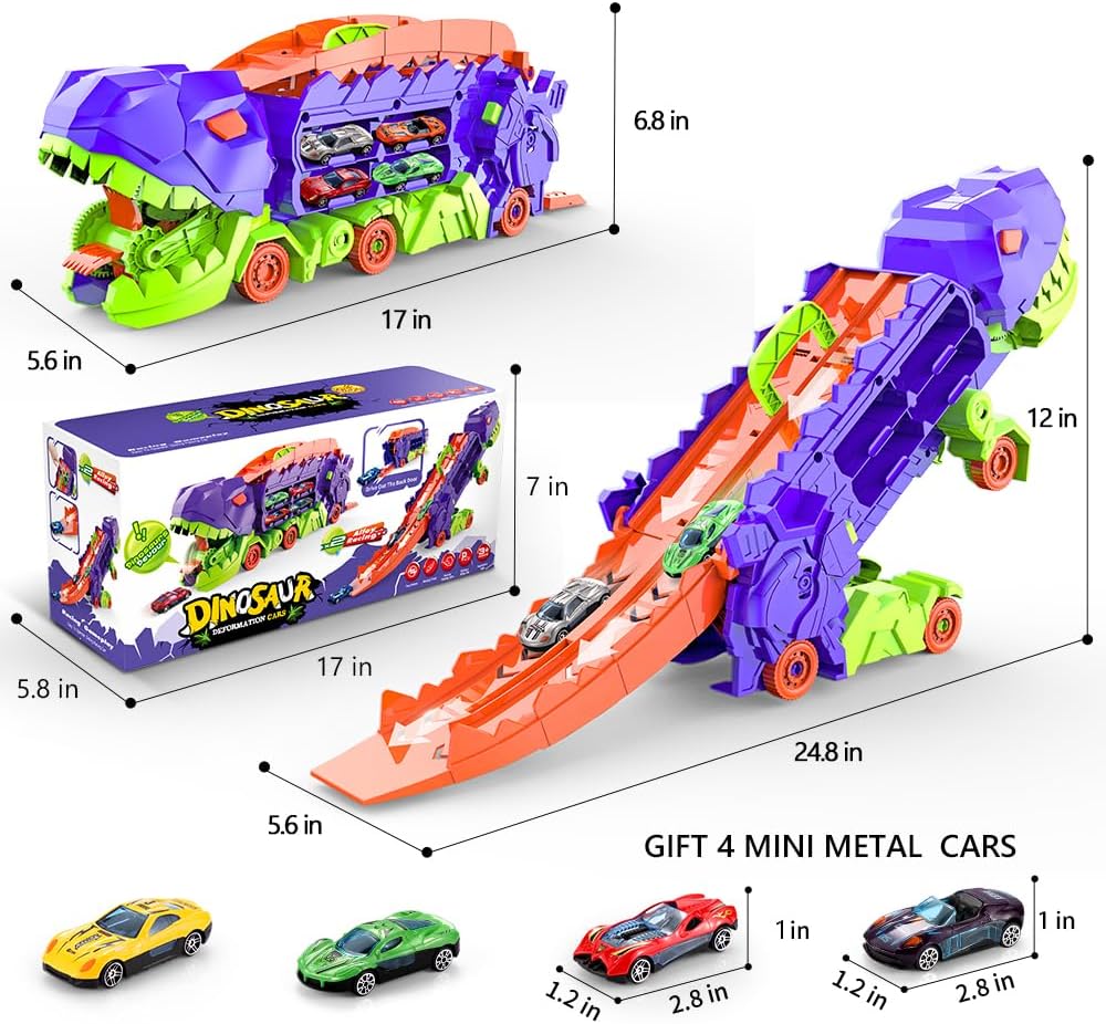 Super Transporteur Dino City avec Piste | Camion Transformable avec Piste de Course Dino pour Enfants de 3 à 6 Ans