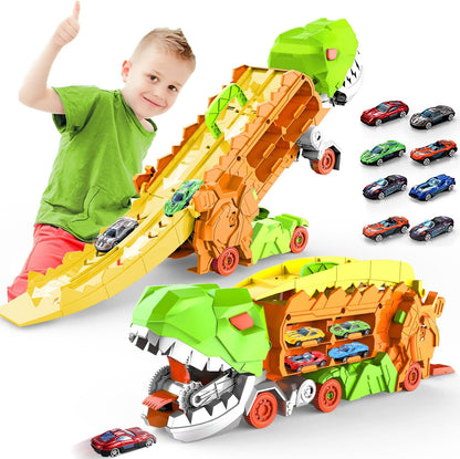 Super Transporteur Dino City avec Piste | Camion Transformable avec Piste de Course Dino pour Enfants de 3 à 6 Ans