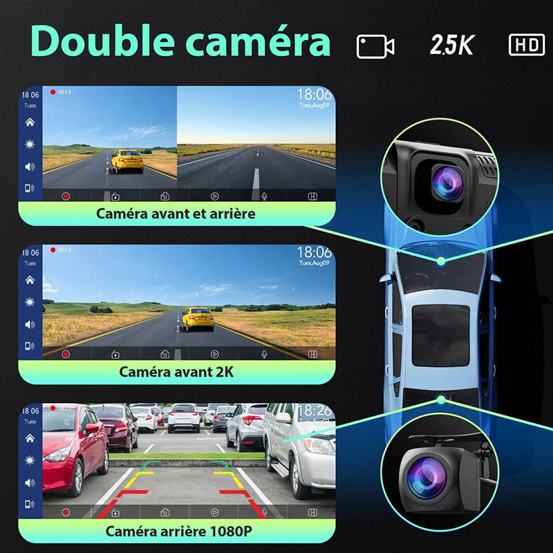 Écran Autoradio Sans Fil 2K avec Dashcam et Caméra Arrière 1080P 64 Go - CarPlay et Android Auto