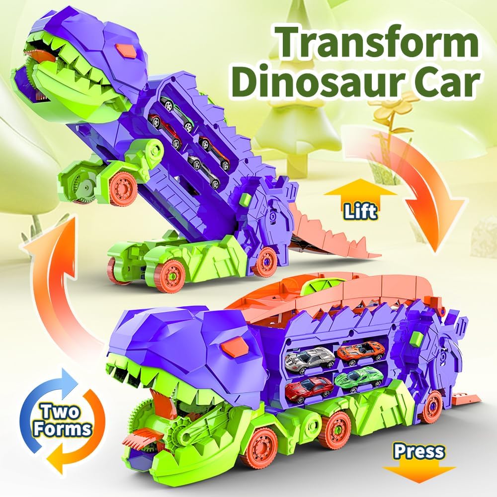 Super Transporteur Dino City avec Piste | Camion Transformable avec Piste de Course Dino pour Enfants de 3 à 6 Ans