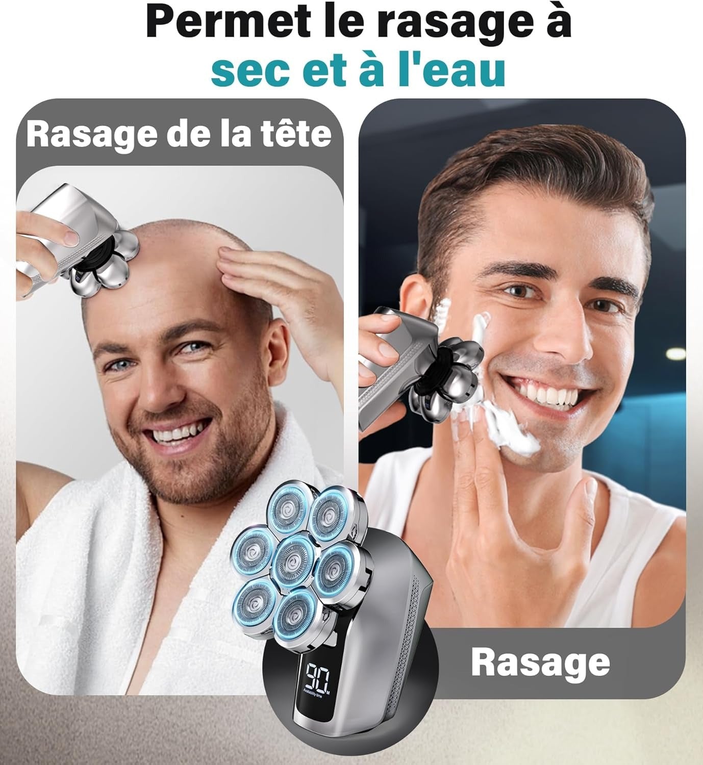 Rasoir 7D Amélioré pour Hommes Chauves - Étanche avec LED et Tête Supplémentaire pour Nez et Barbe