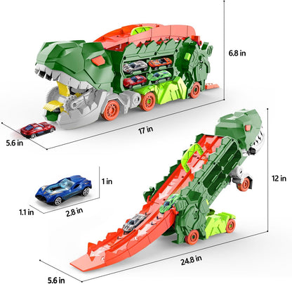 Super Transporteur Dino City avec Piste | Camion Transformable avec Piste de Course Dino pour Enfants de 3 à 6 Ans