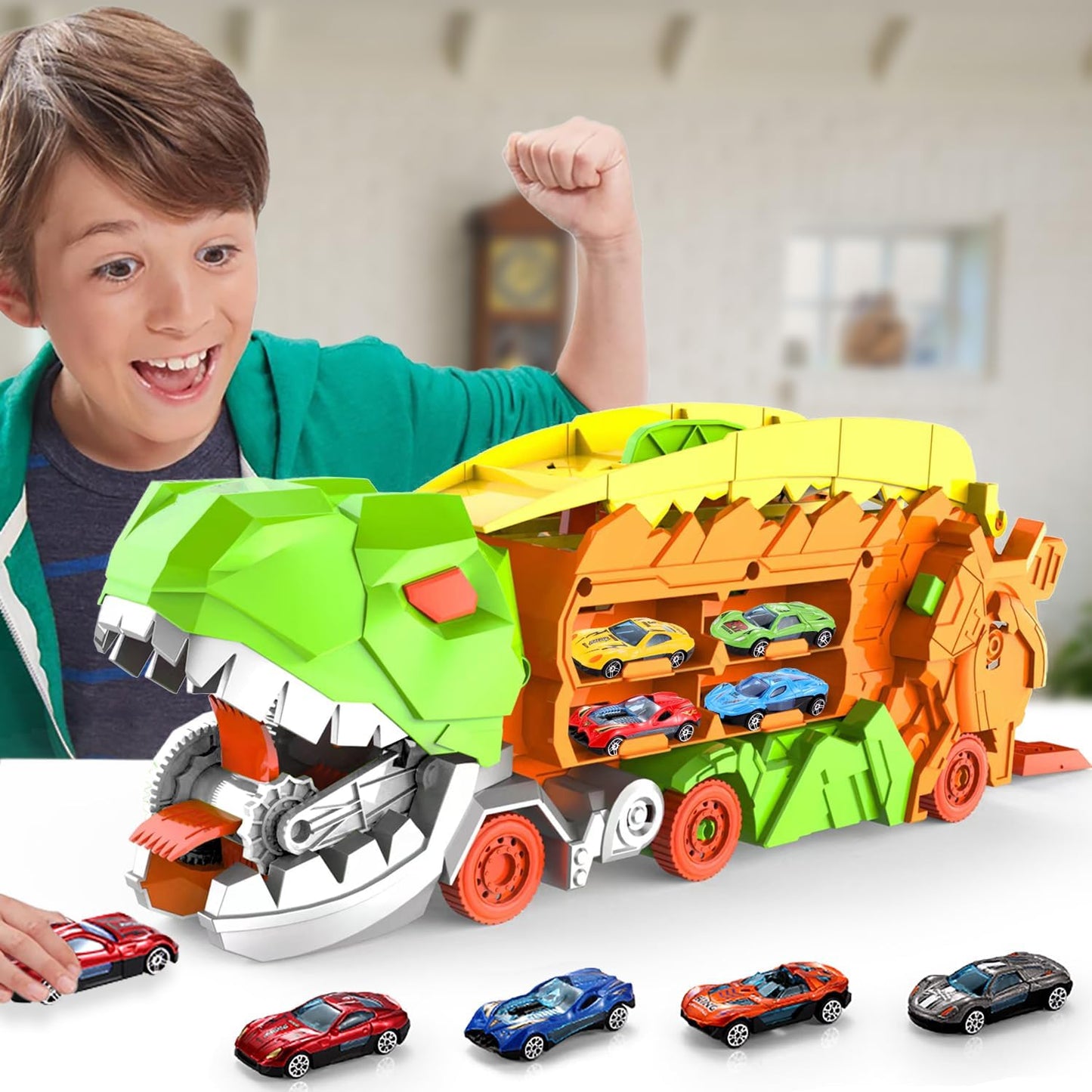 Super Transporteur Dino City avec Piste | Camion Transformable avec Piste de Course Dino pour Enfants de 3 à 6 Ans