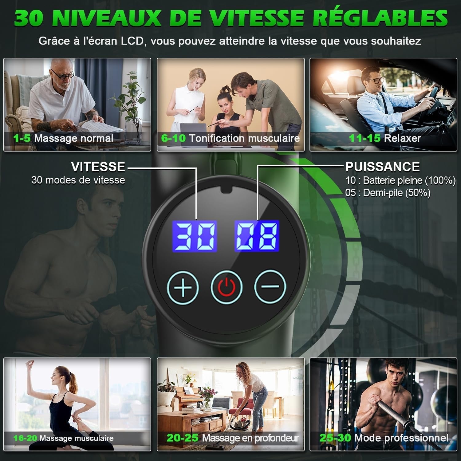 Pistolet de Massage Musculaire Silencieux - Appareil de Massage Profond avec 30 Niveaux d'Intensité