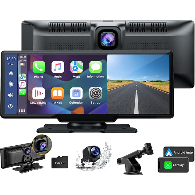 Écran Autoradio Sans Fil 2K avec Dashcam et Caméra Arrière 1080P 64 Go - CarPlay et Android Auto