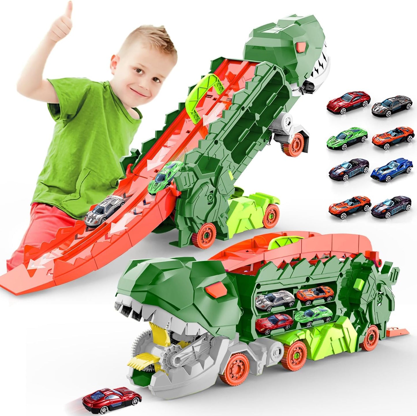 Super Transporteur Dino City avec Piste | Camion Transformable avec Piste de Course Dino pour Enfants de 3 à 6 Ans