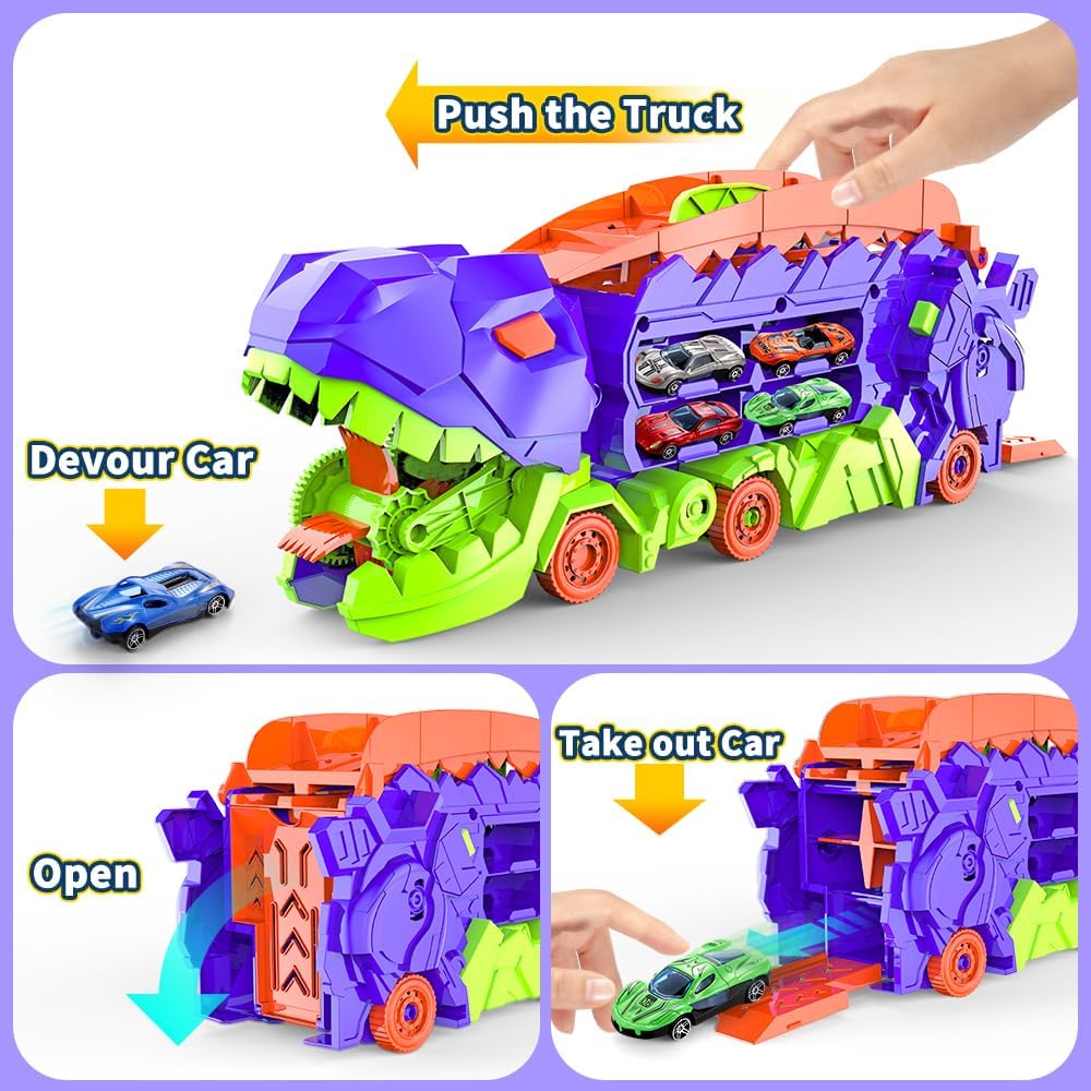 Super Transporteur Dino City avec Piste | Camion Transformable avec Piste de Course Dino pour Enfants de 3 à 6 Ans