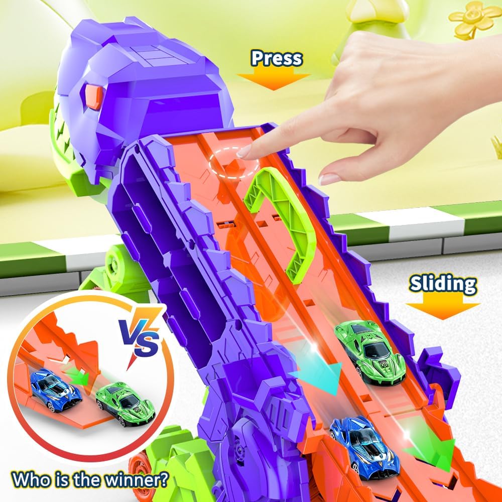 Super Transporteur Dino City avec Piste | Camion Transformable avec Piste de Course Dino pour Enfants de 3 à 6 Ans