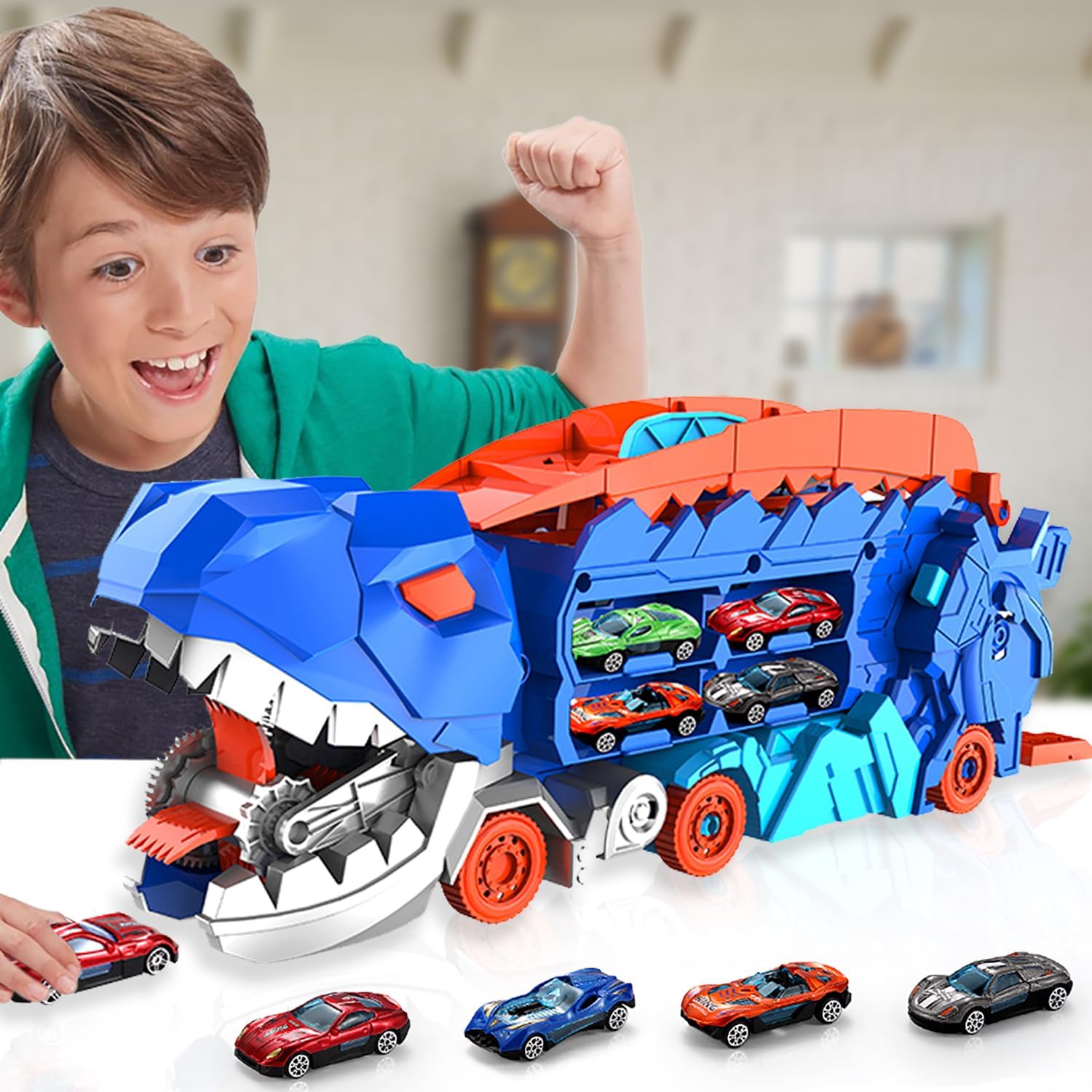 Super Transporteur Dino City avec Piste | Camion Transformable avec Piste de Course Dino pour Enfants de 3 à 6 Ans