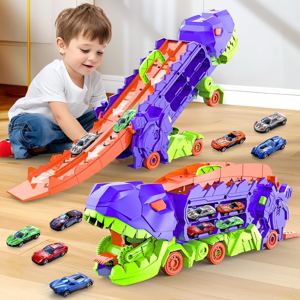 Super Transporteur Dino City avec Piste | Camion Transformable avec Piste de Course Dino pour Enfants de 3 à 6 Ans