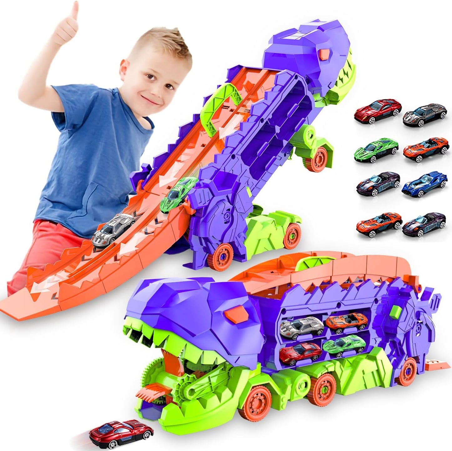 Super Transporteur Dino City avec Piste | Camion Transformable avec Piste de Course Dino pour Enfants de 3 à 6 Ans