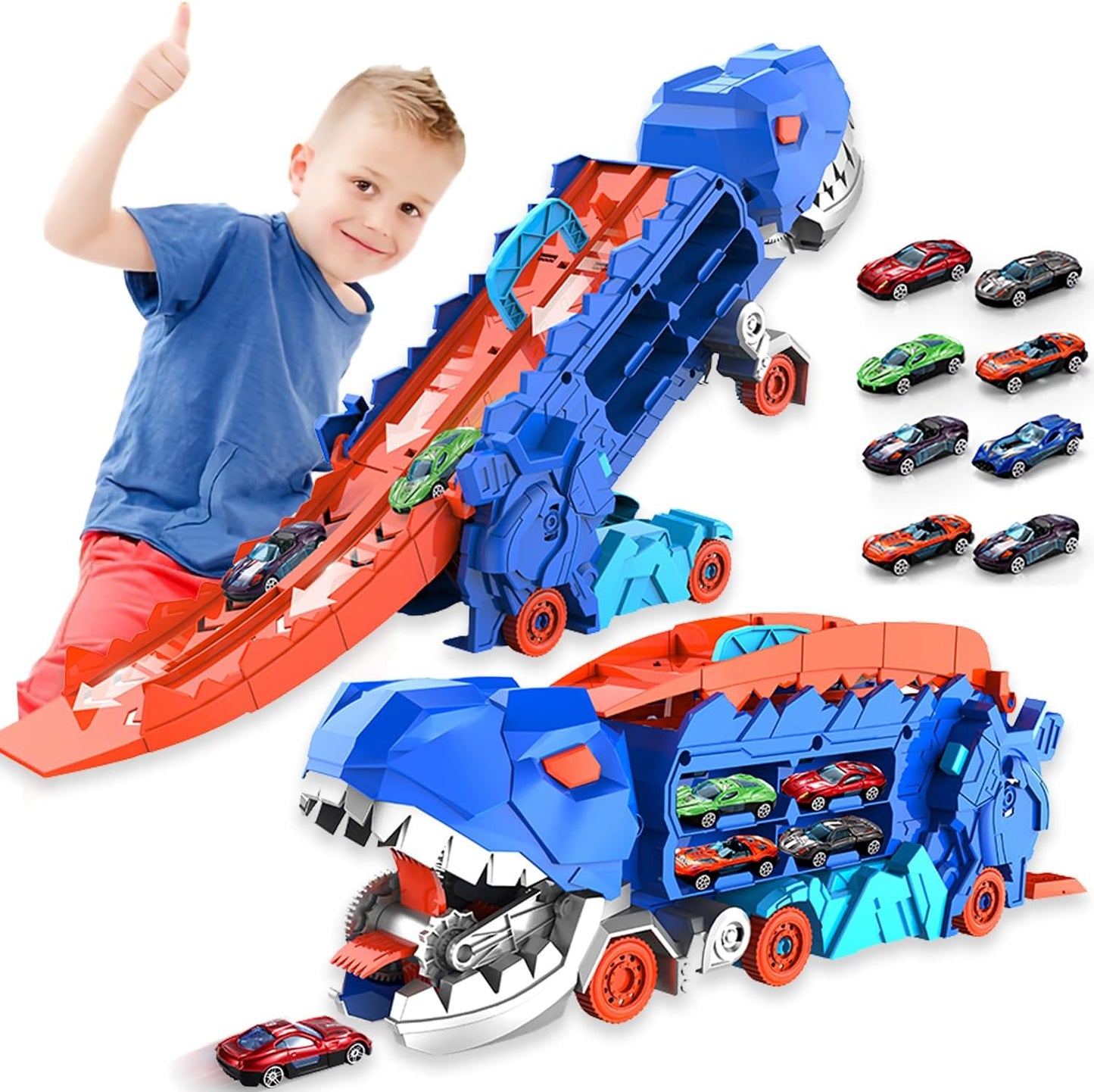 Super Transporteur Dino City avec Piste | Camion Transformable avec Piste de Course Dino pour Enfants de 3 à 6 Ans