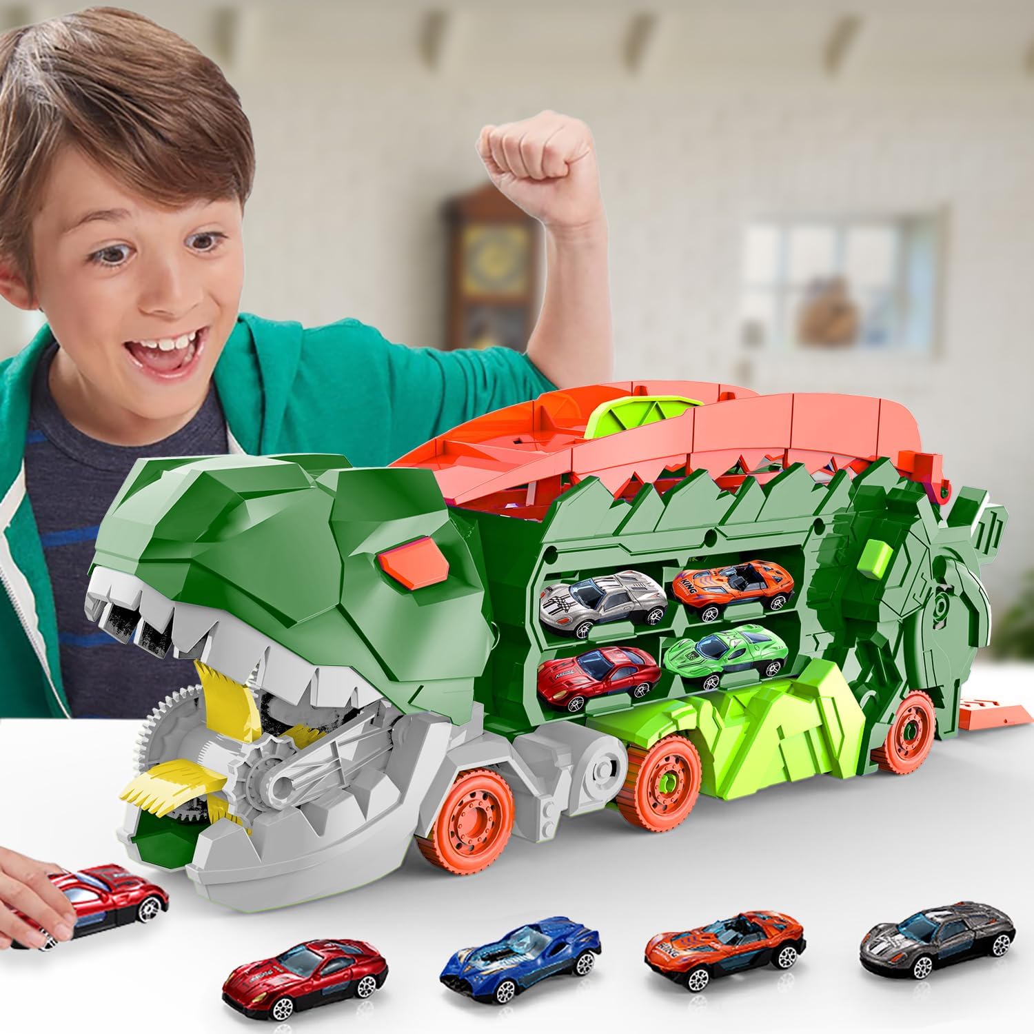 Super Transporteur Dino City avec Piste | Camion Transformable avec Piste de Course Dino pour Enfants de 3 à 6 Ans