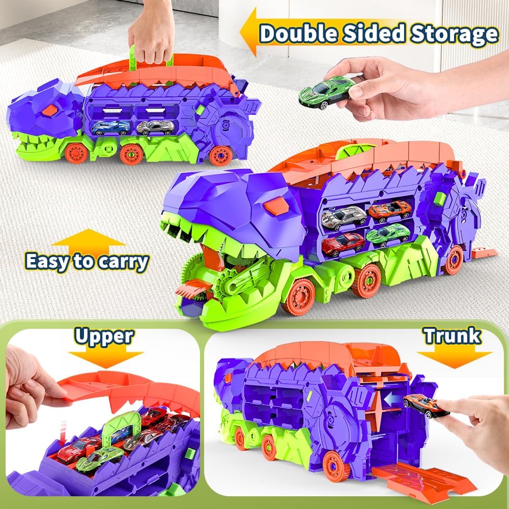 Super Transporteur Dino City avec Piste | Camion Transformable avec Piste de Course Dino pour Enfants de 3 à 6 Ans