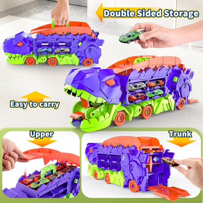 Super Transporteur Dino City avec Piste | Camion Transformable avec Piste de Course Dino pour Enfants de 3 à 6 Ans