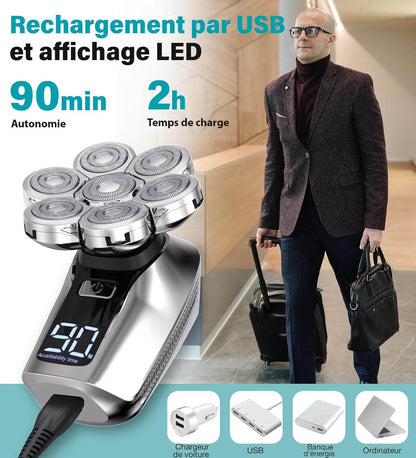 Rasoir 7D Amélioré pour Hommes Chauves - Étanche avec LED et Tête Supplémentaire pour Nez et Barbe