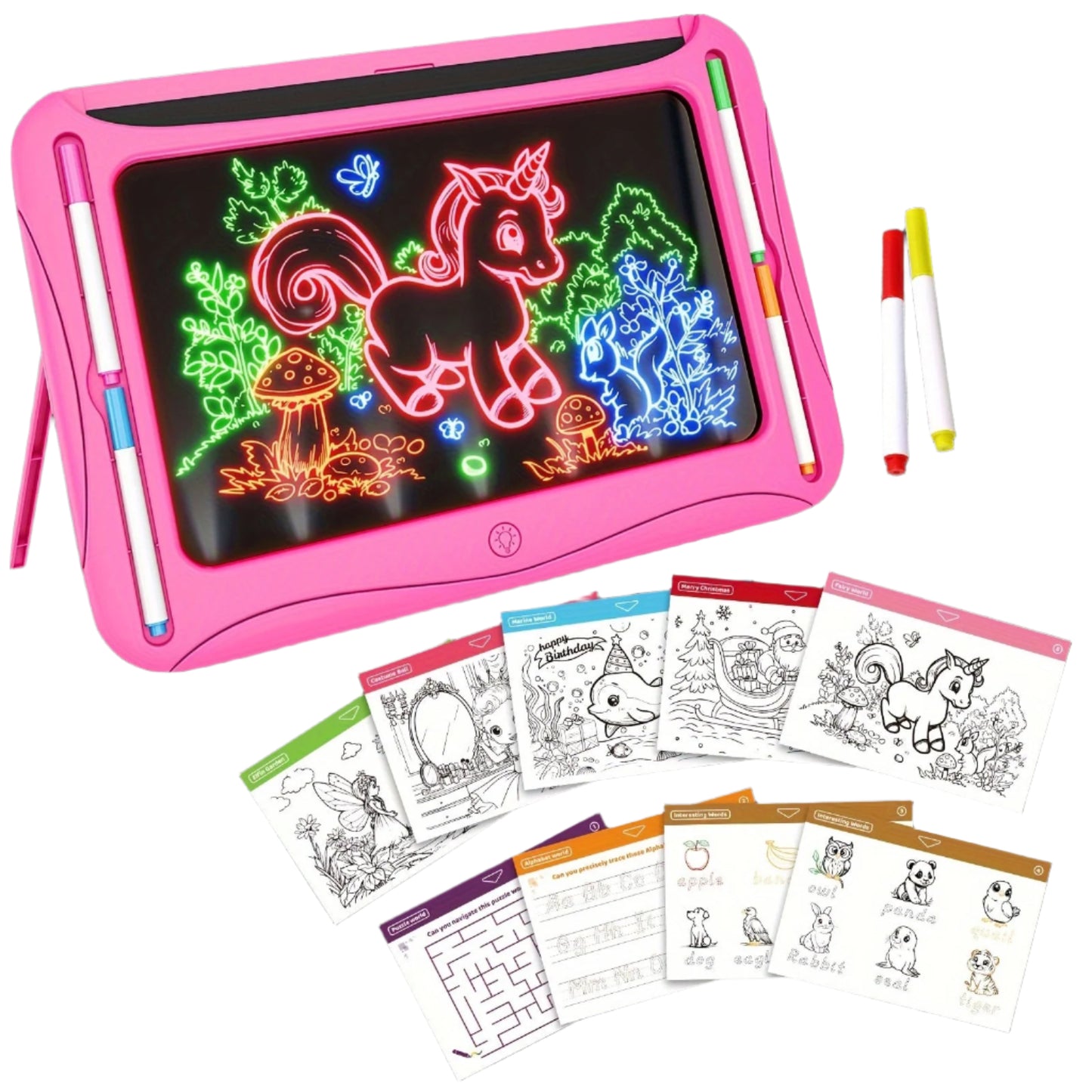 Tablette à Dessin LED pour Enfants 3+ | Planche Lumineuse avec Cartes Double Face et Stylos Lumineux | Jouet Créatif et Éducatif, Cadeau d'Anniversaire ou Noël - Vert et Rouge Rose