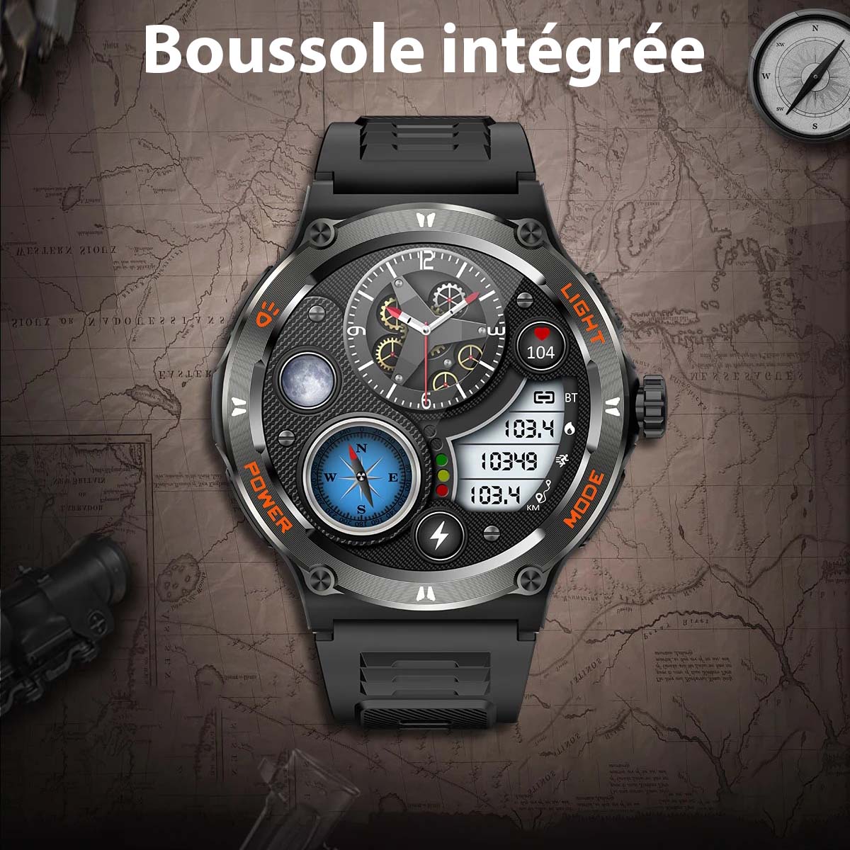 Montre Sport Connectée pour Homme avec Écran HD Torche LED et Boussole