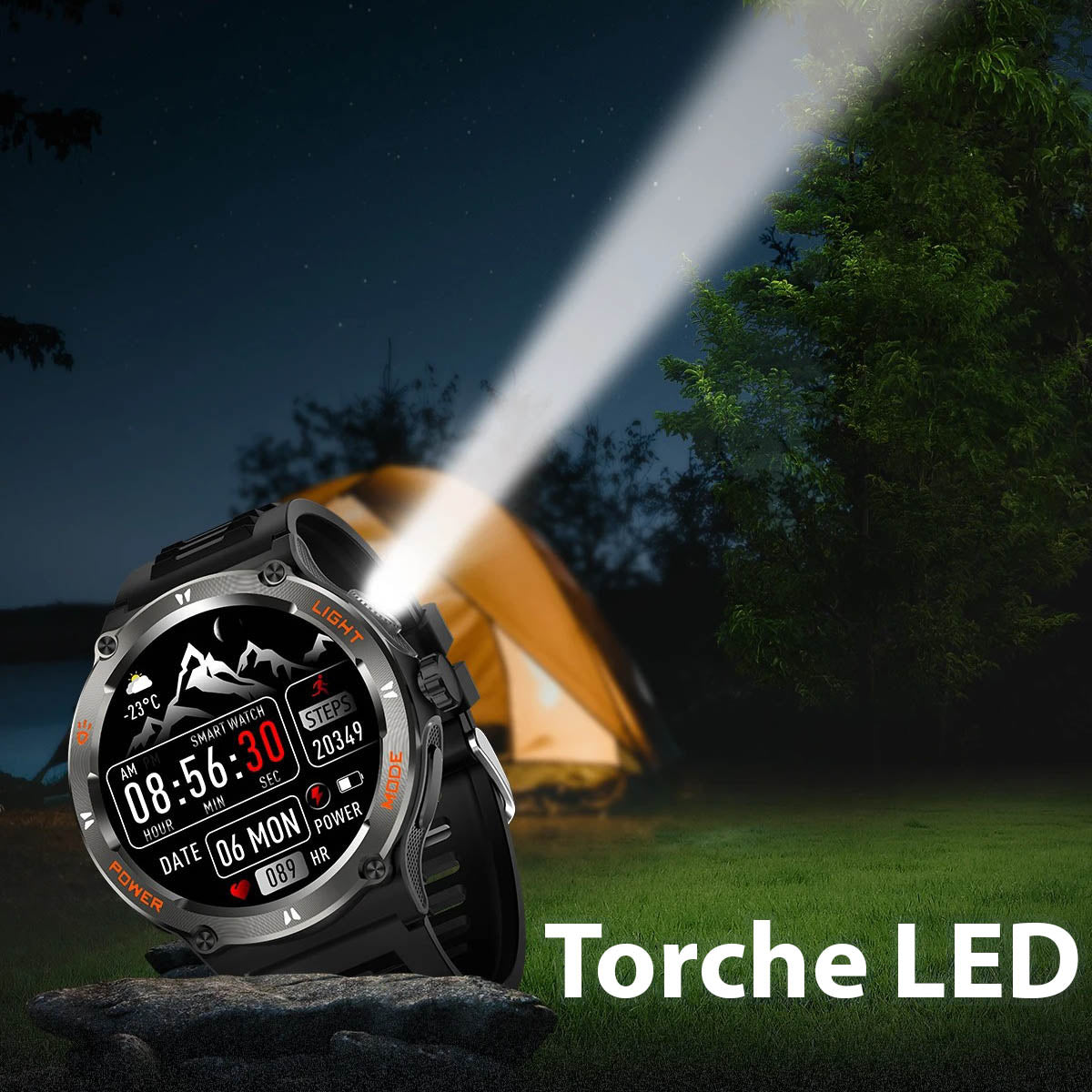 Montre Sport Connectée pour Homme avec Écran HD Torche LED et Boussole