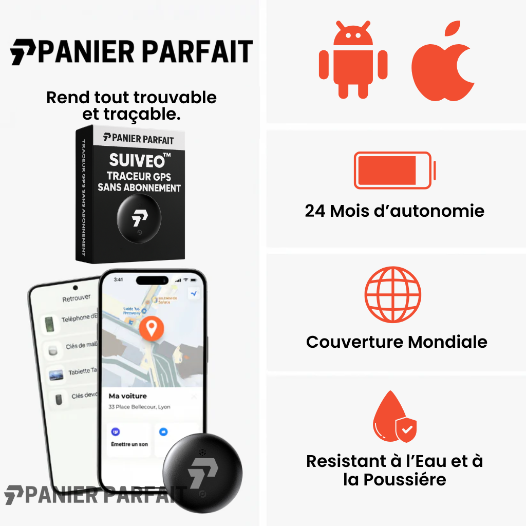 Suiveo™ – Traceur GPS Sans Abonnement, Compatible Android & iOS
