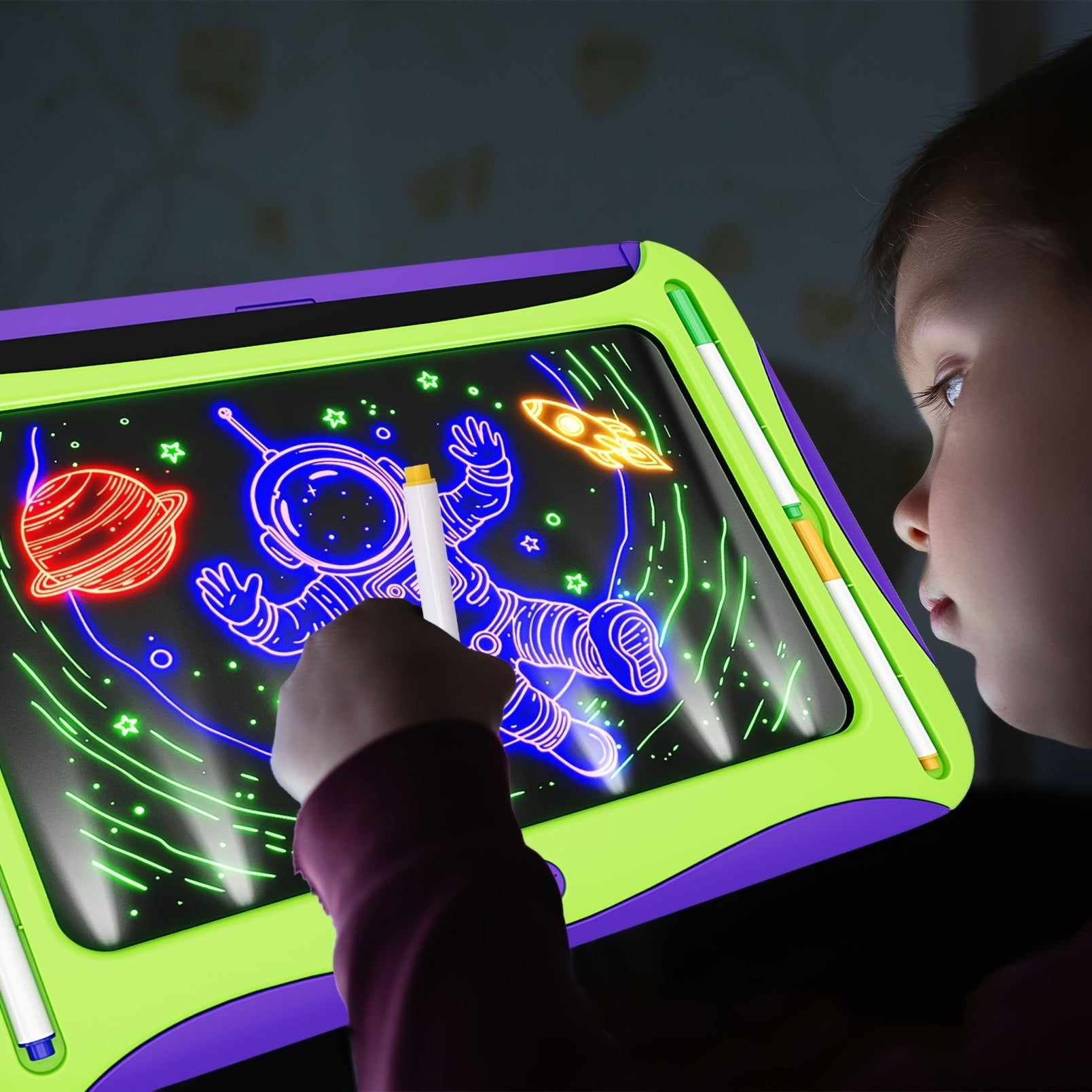 Tablette à Dessin LED pour Enfants 3+ | Planche Lumineuse avec Cartes Double Face et Stylos Lumineux | Jouet Créatif et Éducatif, Cadeau d'Anniversaire ou Noël - Vert et Rouge Rose