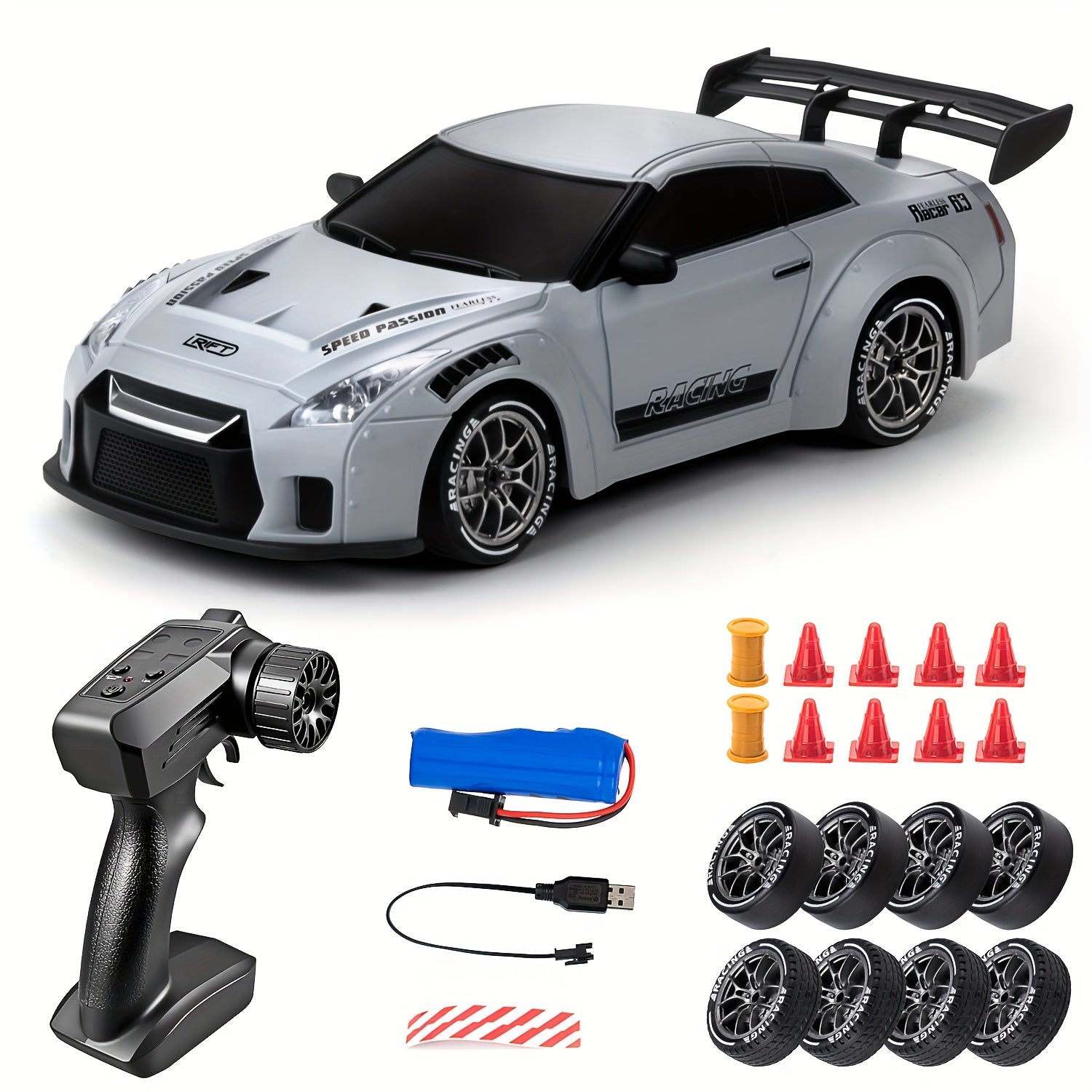 Voiture RC Drift 4WD 2.4GHz avec Lumières LED | Échelle 1:24, Batterie Rechargeable, Vitesse et Drift | Jouet Télécommandé Garçons & Filles avec Cones et Outils