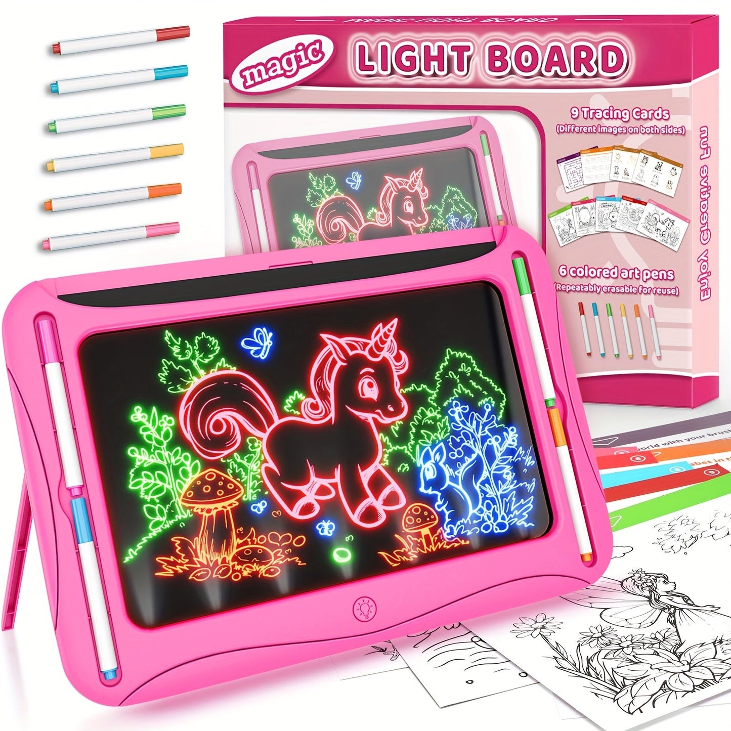 Tablette à Dessin LED pour Enfants 3+ | Planche Lumineuse avec Cartes Double Face et Stylos Lumineux | Jouet Créatif et Éducatif, Cadeau d'Anniversaire ou Noël - Vert et Rouge Rose